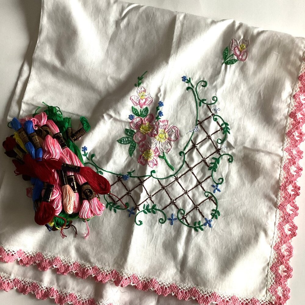 Unfinished White Vintage Embroidered Tablecloth With Embroidery Floss